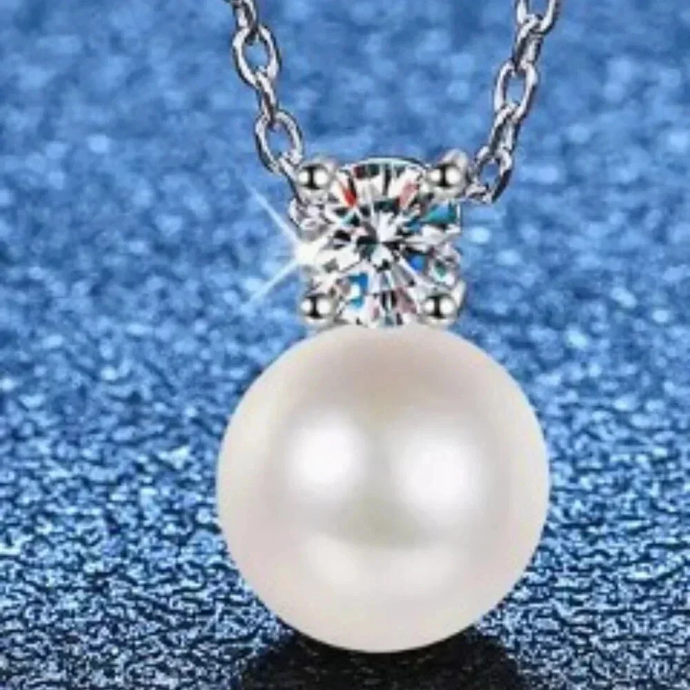 0.5 Carat Moissanite Faux Pearl Pendant Necklace - Sterling Silver S925, Classic